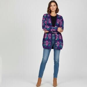 Vintage Western Connection Purple Floral Knit Cardigan Sweater Large Cottagecore